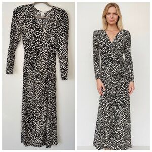 H&M Maxi Dress Animal Print Long Sleeve Slit V Neck Ruched Black Tan Crepe Sz S